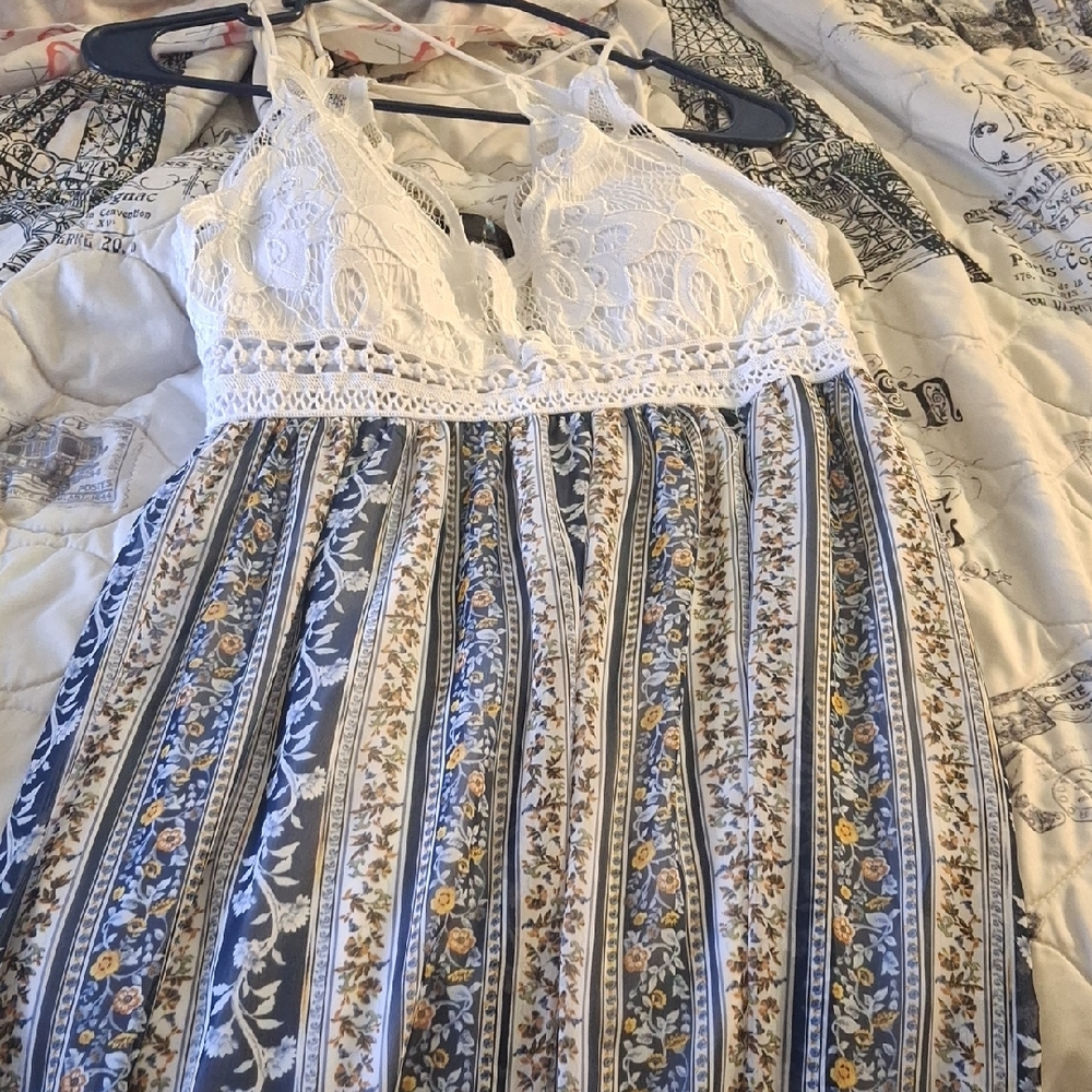 Elegant White and Blue Maxi Dress